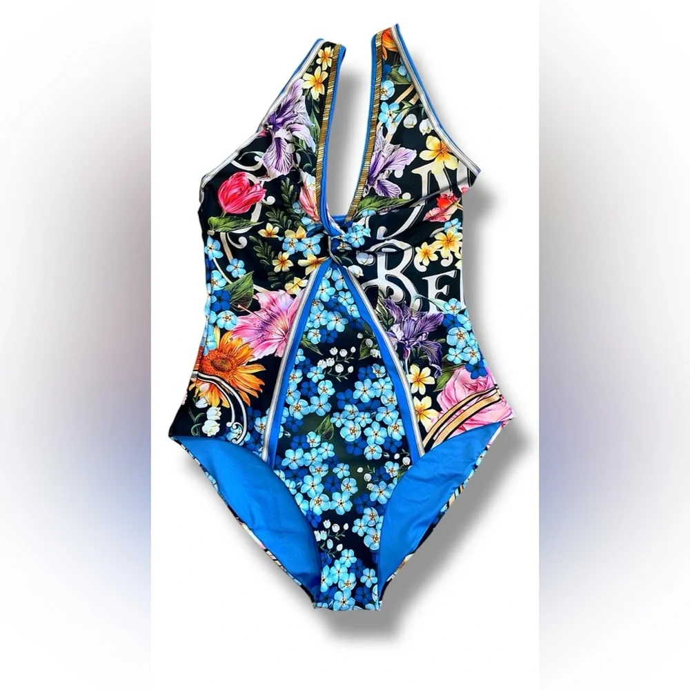 Agua Bendita NWT Billy Dreamin One-Piece Swimsuit Blue Floral‎ Beaded Sz Large